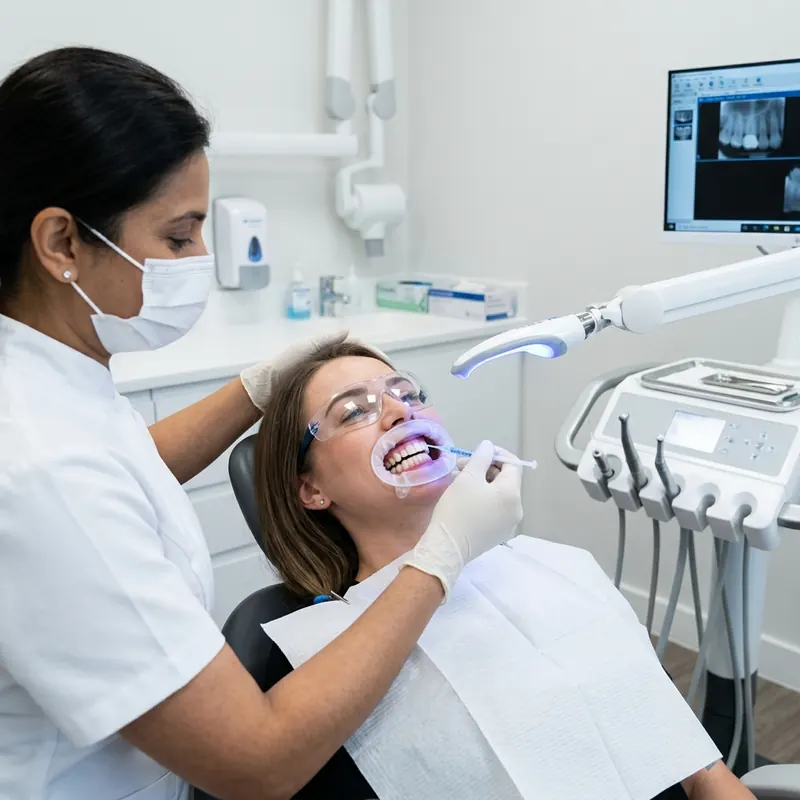 Paciente recibiendo blanqueamiento dental con lámpara de luz