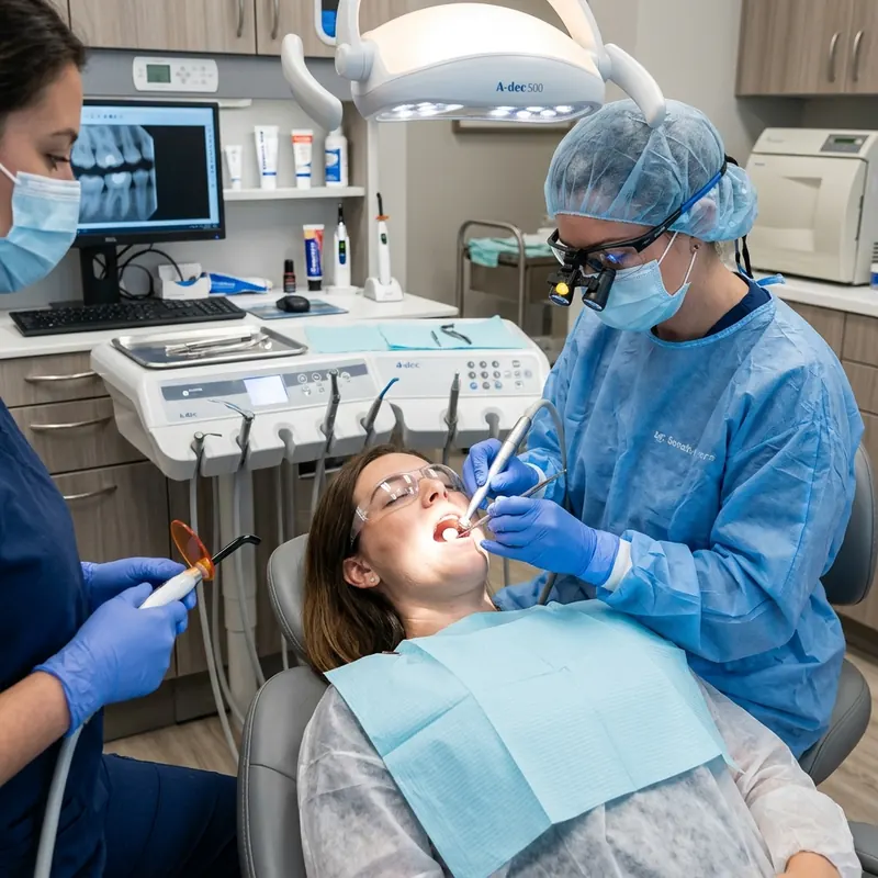 Curación dental con resina y lámpara de fotocurado